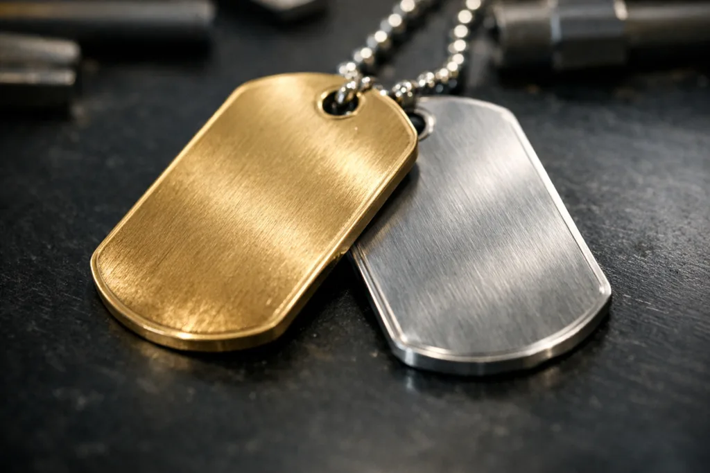 Brass vs. Stainless Steel: Which Pet Tag Metal Lasts Longer and Looks Better? 37 A macro view of brass and stainless steel dog tags highlights the differences in finish and engraving clarity, matching the article theme.