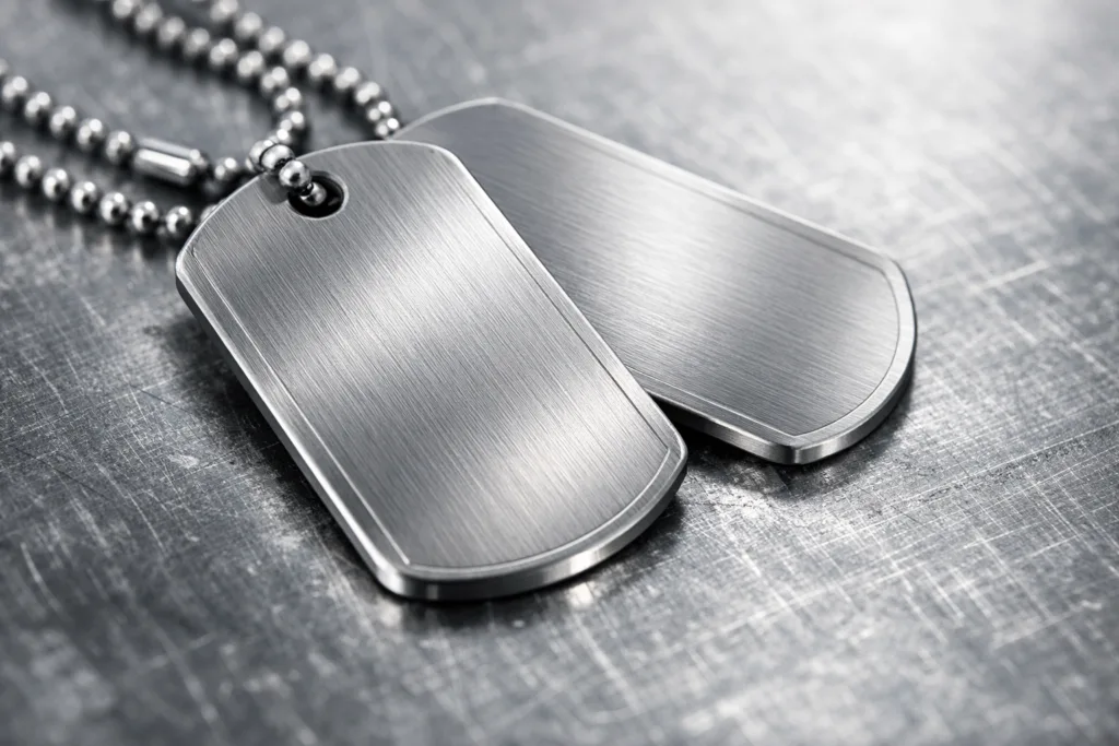 Why Titanium Tags Are the Ultimate Hypoallergenic & Indestructible Label Solution 25 Studio image emphasizing the refined surface and laser-engraved markings of titanium tags, illustrating their indestructibility and hypoallergenic qualities.