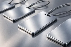 A 45-degree studio shot showcasing polished stainless steel briefcase tags with crisp engravings, reflecting the professional aspect of business travel.