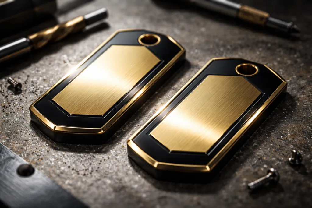Dual Plating: 9 Artistic & Technical Ways Two Colors Transform Metal Tags 17 Close-up view of dual-plated metal tags showing gold and black finishes with crisp boundaries. Lighting highlights the contrast and craftsmanship.