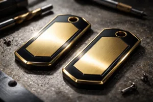 Close-up view of dual-plated metal tags showing gold and black finishes with crisp boundaries. Lighting highlights the contrast and craftsmanship.
