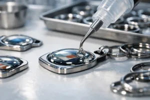 A crystal-clear epoxy dome being dispensed onto a batch of custom metal keychain tags, illustrating the precision required in workshop settings.