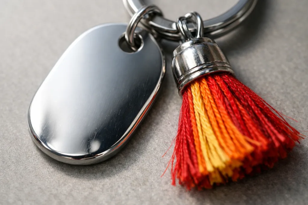 Fabric Tassels: Adding Softness to Hard Metal Keychains. 1 fabric tassel metal keychain closeup