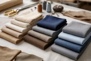 Swatches of garments, from lightweight knits to heavy denim, clearly show thickness differences for readers deciding on material selection.