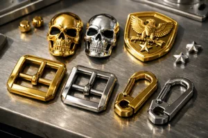 A detailed production shot of gold and silver plated tags and accessories on a quality control table, illustrating professional finishing in a manufacturing context.