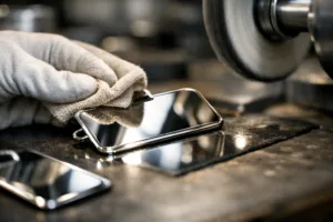 Skilled technician perfecting the glossy mirror finish on a luxury metal tag, the workspace neat and industry-focused.