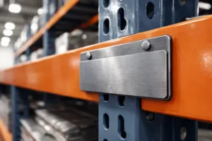 This image displays iron tags magnetically affixed to storage racks in a busy warehouse, emphasizing their strong attachment and practicality for logistics. The detailed metal surface demonstrates durability.