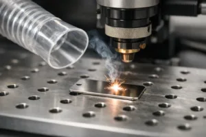 This image highlights the precision and clean finish of laser engraving on a stainless steel metal tag, with an industrial machine creating detailed markings.