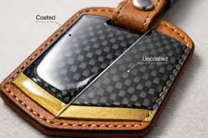 Luggage tag reveals side-by-side differences between epoxy domes with and without a clear protective layer, capturing shine, depth, and wear resistance.