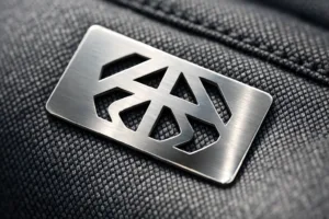 This image shows a high-end metal logo tag with intricate cut-out detailing mounted on designer fabric, emphasizing brand visibility and craftsmanship.