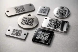 A detailed look at matte and glossy finished QR code metal tags side-by-side. Visualizes real-world differences in reflection and readability.