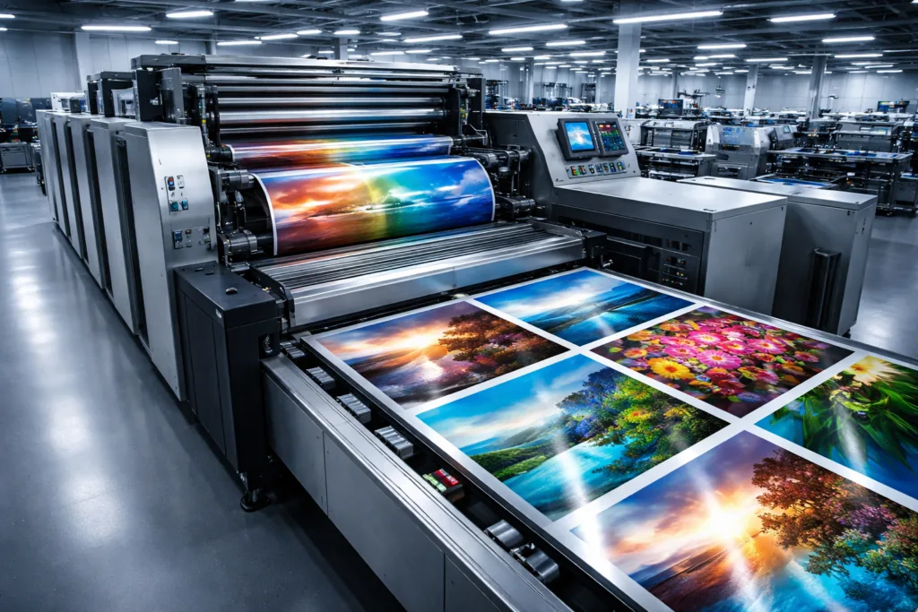 Photo-Quality Metal Printing: 19 Expert Insights for Perfect Gradients & Photorealistic Finishes 25 A state-of-the-art offset printing press outputs vibrant gradients and photographic images on reflective aluminum sheets, capturing the technical precision of metal printing.