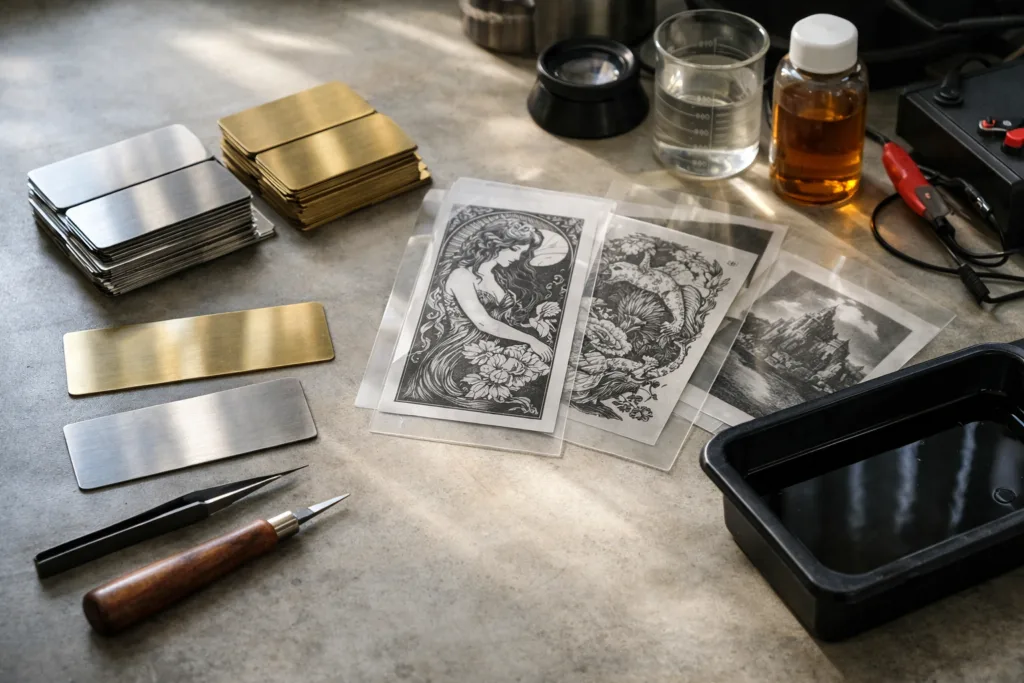 Unlock Stunning Detail: Photo Etching for Modern Thin Metal Bookmarks 1 An organized workspace for photo etching thin metal bookmarks, displaying essential equipment, design transparencies, and blank bookmarks ready for processing.