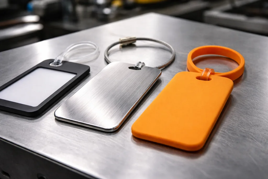 The Durability Dilemma: 7 Must-Know Luggage Tag Material Choices for Smart Travelers 13 A clear, high-detail visual comparing the main luggage tag materials side by side, showing their texture and shape differences under professional lighting.