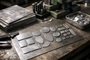 This image shows recycled metal being processed into brand tags, highlighting eco-friendly options and material texture.