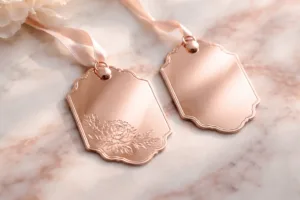 A photo-realistic view of rose gold plated wedding tags. Diffuse lighting highlights the luxurious finish, ideal for high-end wedding decor.