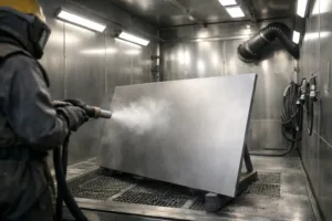 An industrial sandblasting booth showcasing stainless steel panels as compressed air projects abrasive media for a clean, matte surface finish.