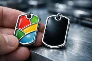 A side-by-side photo shows the surface texture and color vibrancy differences between soft and hard enamel metal tags, illustrating their respective finishes for branding experts.