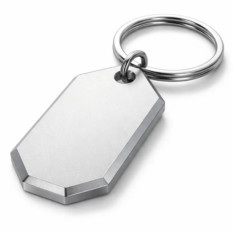 A modern anodized aluminum keychain tag with sandblasted matte texture and a clean beveled edge, attached to a split ring. Studio image highlights the smooth finish and robust construction for versatile use.
