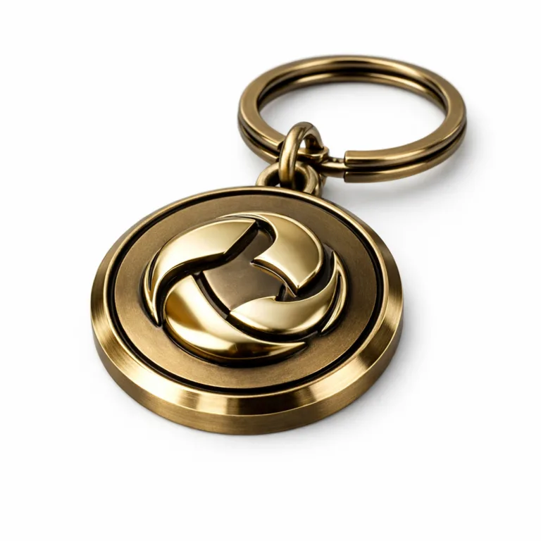 A luxurious antique brass keychain tag with a high-gloss mirror polished surface, crisp chamfered edge, and a soft embossed blank emblem, attached to a split ring. Photographed for optimal detail and product appeal.