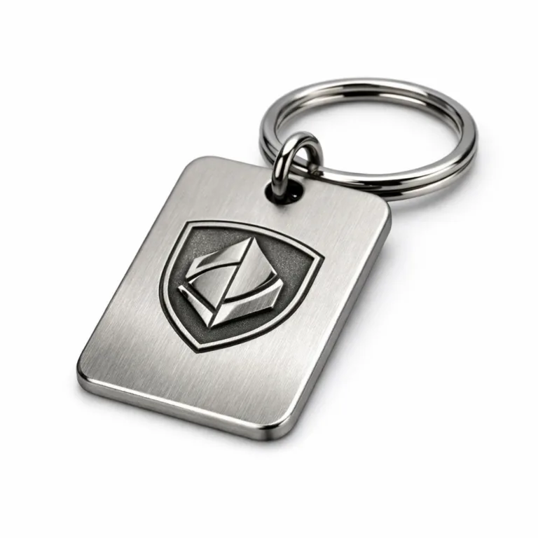 A brushed stainless steel keychain tag featuring softly rounded corners and a laser-engraved blank emblem, presented on a split ring. High-detail studio shot, ideal for showcasing durable metal tag options.