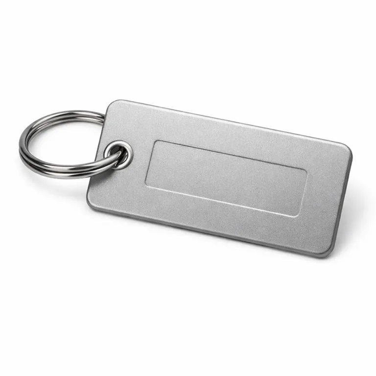 UC Tag airline-style luggage tag crafted from matte anodized aluminum, rounded corners, sandblasted texture, and a blank debossed emblem area. Includes split ring attachment, photographed on white for optimal e-commerce presentation.