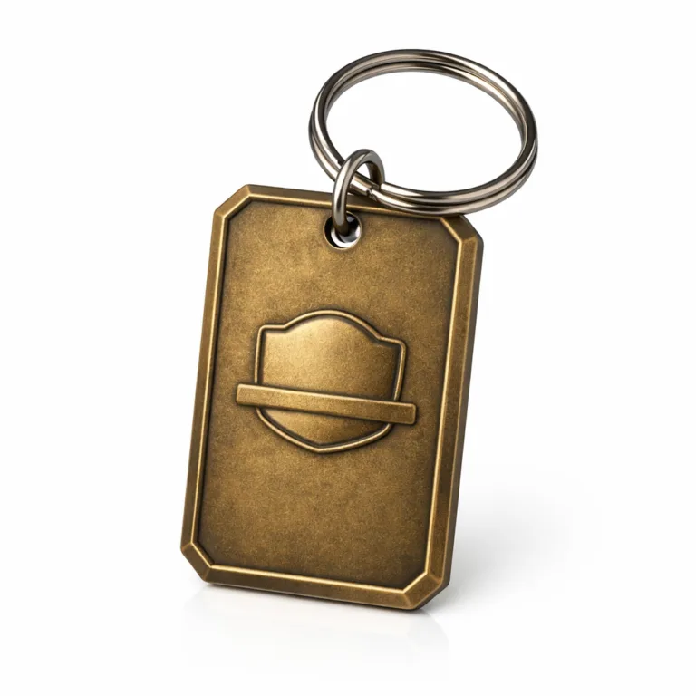 UC Tag airline-style luggage tag with antique brass plating, chamfered edges, split ring, and a surface embossed blank emblem area. Single tag presented on a white background, suitable for main image use.