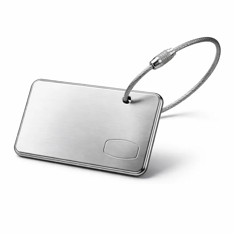 UC Tag airline-style luggage tag made from brushed stainless steel, featuring a beveled edge, split ring attachment, and a subtle blank emblem engraving for a refined look. Presented on a white studio background ideal for e-commerce.