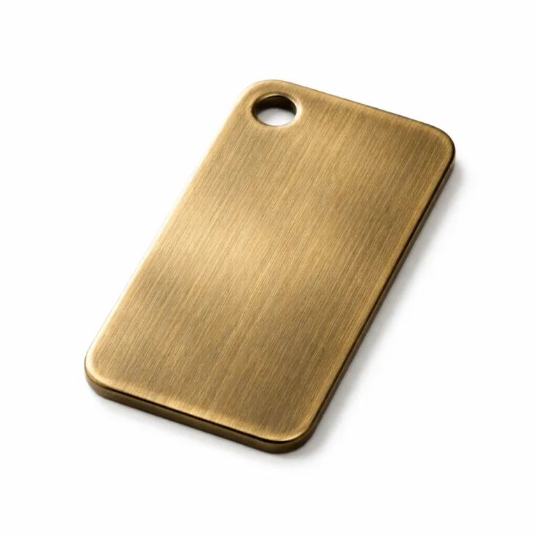 A classic antique brass bag tag featuring a brushed finish and gently rounded corners. Designed with a single hole for split ring attachment, this variant enhances grip and tactile quality for durable bag labeling.