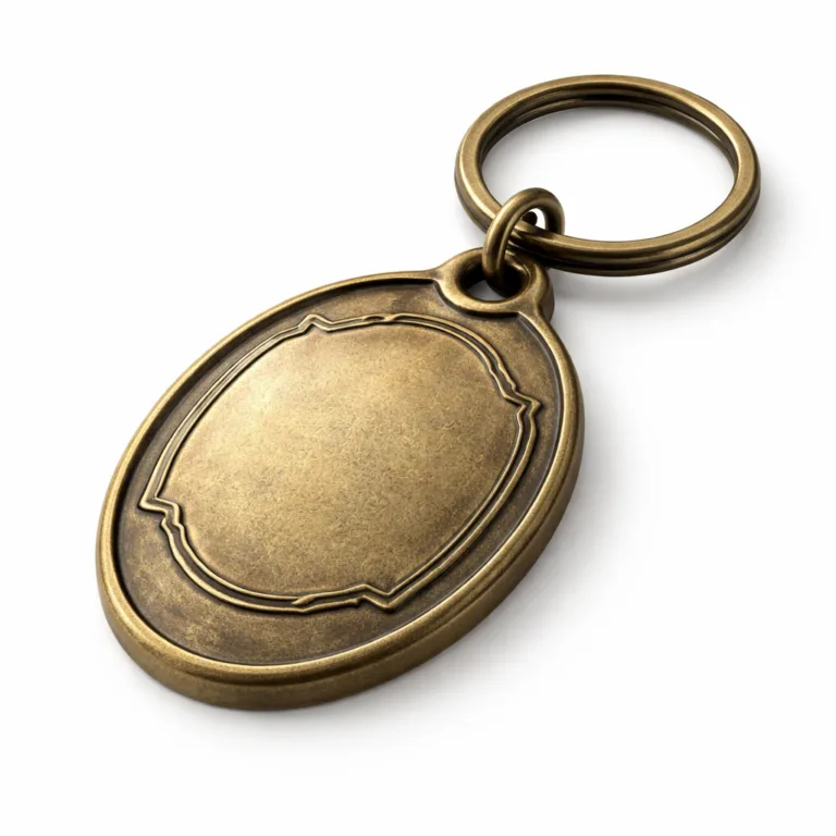 High-realism studio photograph of an antique brass keychain tag, shown with a durable beveled edge for premium feel, and an elegantly embossed emblem area. Tag is attached to a split ring for easy use.