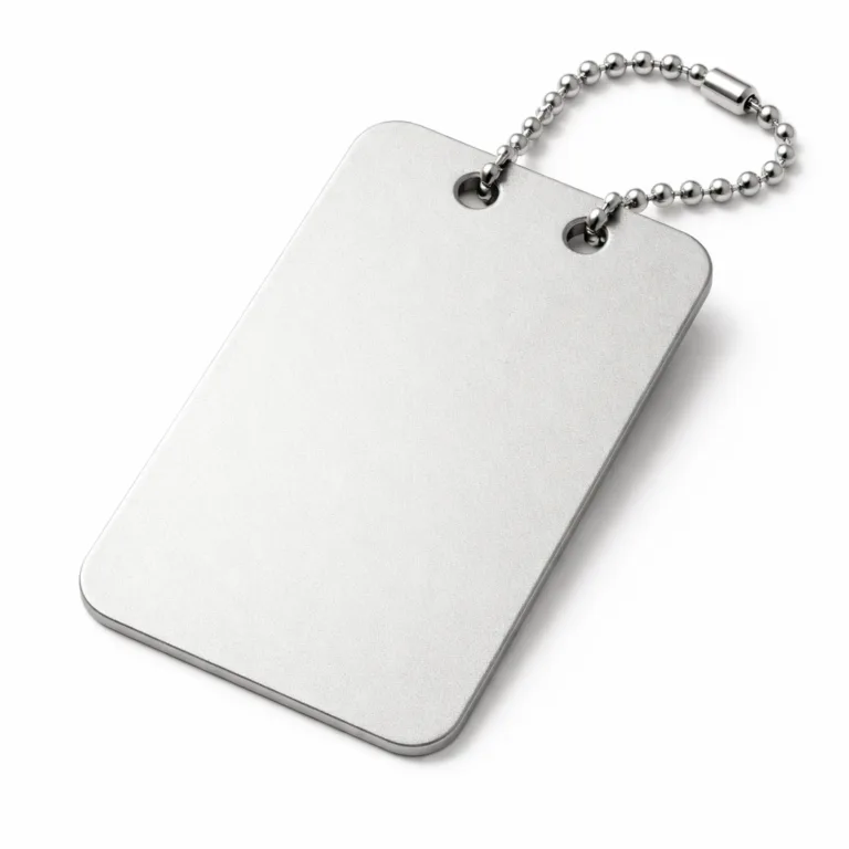 A bag tag crafted from anodized aluminum with a matte finish and rounded corners. The etched surface detail is highlighted, while two holes allow easy attachment via a ball chain.
