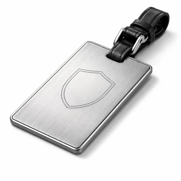 A bag tag crafted from brushed anodized aluminum featuring a matte finish, beveled edges, and a laser engraved blank emblem for a modern luxury look.