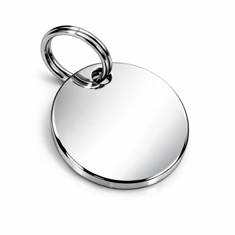 A round bag tag made from anodized aluminum with a high-gloss mirror polished surface, attached with a split ring. This variant emphasizes a sleek and modern aesthetic for bag identification.