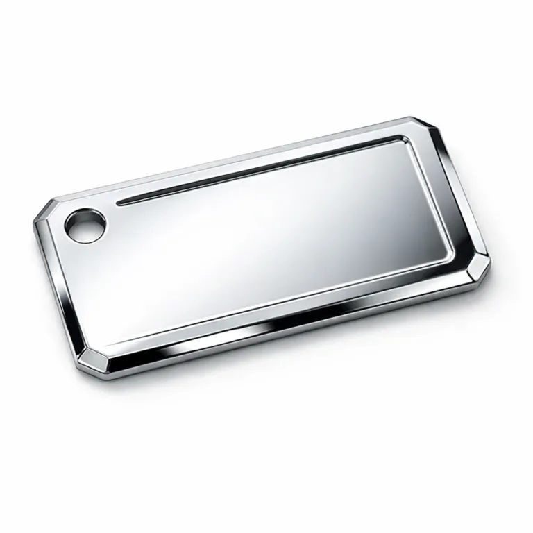 A sleek, deep-stamped bag tag crafted in anodized aluminum with a mirror polished surface, featuring a beveled edge and a single hole ready for attachment. Photographed alone against a plain white studio background for high realism.