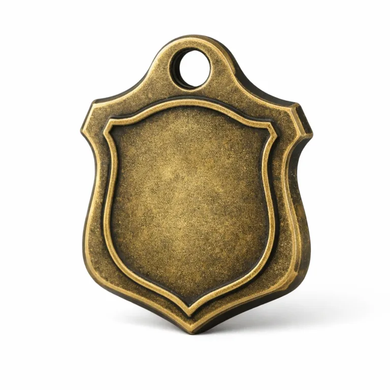 An antique brass finished metal bag tag with a raised emblem design on the front. The tag has a thicker profile, chamfered edges, and a single hole for split ring attachment, offering a vintage touch.
