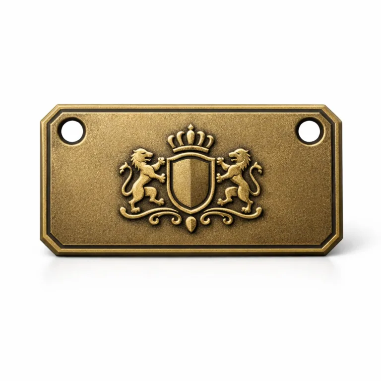 An antique brass luxury bag tag featuring a sandblasted matte surface, chamfered edges, embossed emblem, and double holes for secure attachment.