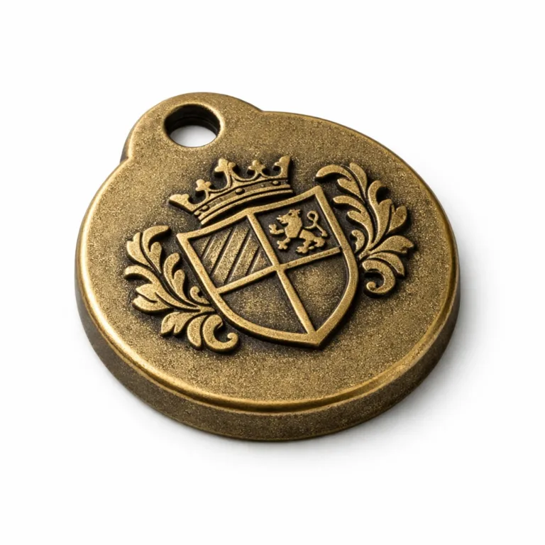 An antique brass plated zinc alloy bag tag with a sandblasted matte surface for a textured feel and a thicker profile. Features a debossed emblem design and a single hole fitted for a split ring.