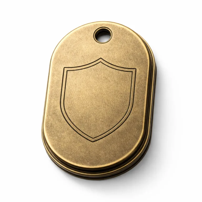 Two-layer bag tag in antique brass style finished with sandblasted matte texture for a unique tactile feel. Boasting a thicker profile and an etched emblem shape, the top hole accommodates a split ring for attachment. E-commerce studio photo.