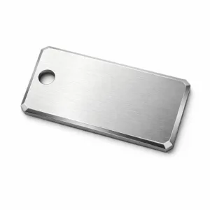 A rectangular brushed stainless steel bag tag featuring a beveled edge for added dimension. The front displays a laser engraved surface with a single hole designed for a split ring attachment, ideal for luggage and backpacks.