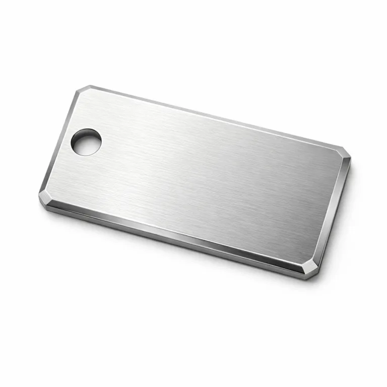 A rectangular brushed stainless steel bag tag featuring a beveled edge for added dimension. The front displays a laser engraved surface with a single hole designed for a split ring attachment, ideal for luggage and backpacks.