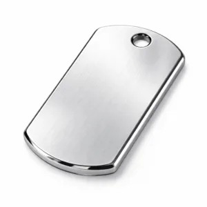A metal bag tag with a brushed stainless steel appearance and mirror polished surface. Features a beveled edge and a single hole for attaching a split ring, designed for modern bags.