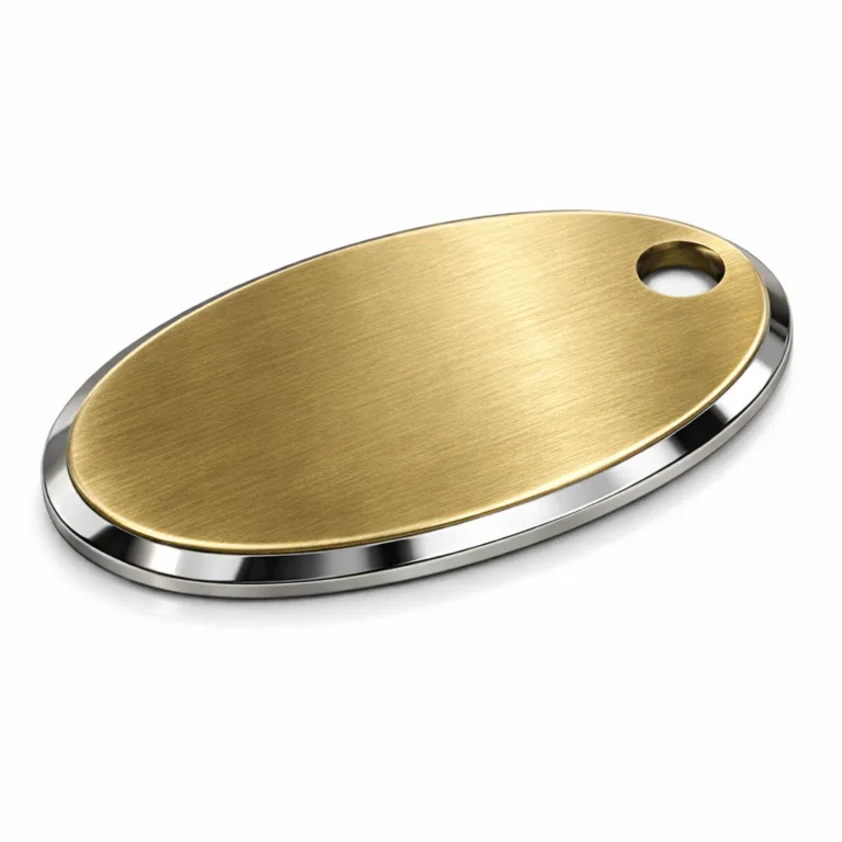 A premium bag tag made from brushed stainless steel with a mirror polished surface and sophisticated beveled edge. Includes a single hole for easy attachment, ideal for upscale travel or luggage identification.