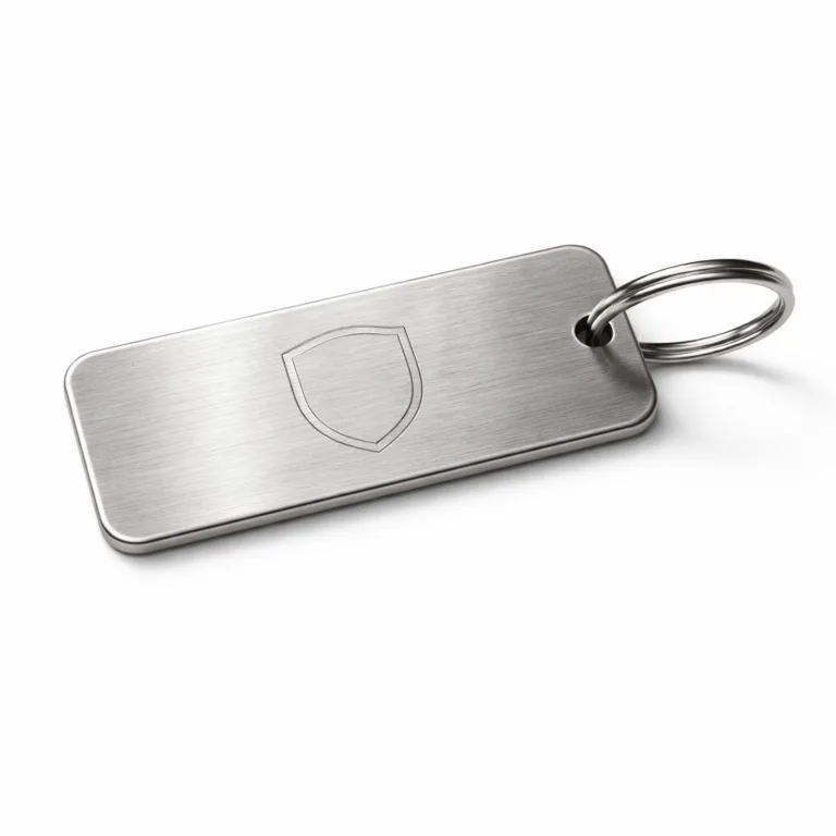A deep-stamped bag tag manufactured in brushed stainless steel, featuring rounded corners and a subtle blank emblem engraving at the center. Includes a split ring for easy attachment to bags, photographed in sharp detail on a white studio background.