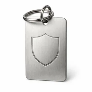 Rectangular brushed stainless steel bag tag featuring a blank emblem engraving, rounded corners, and a sturdy split ring for attachment. Designed for premium durability and a sleek modern look.