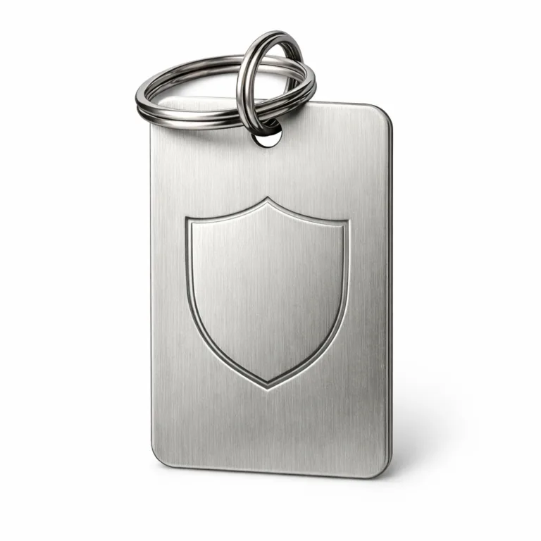Rectangular brushed stainless steel bag tag featuring a blank emblem engraving, rounded corners, and a sturdy split ring for attachment. Designed for premium durability and a sleek modern look.