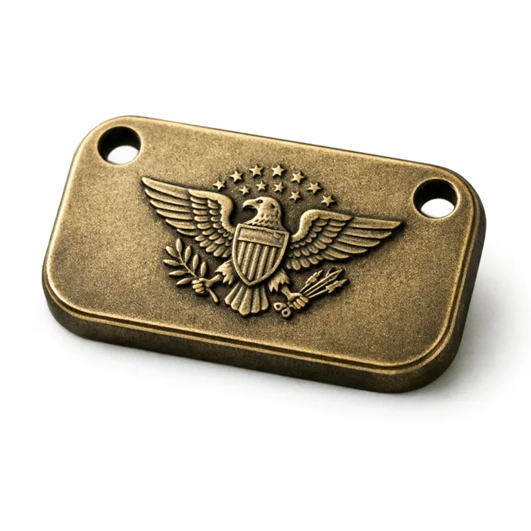 An antique brass batch serial number dog tag with a sandblasted matte surface for subtle texture, a robust thicker profile, double holes for attachment, and a raised embossed emblem shape. Displayed on a white studio background for high clarity.