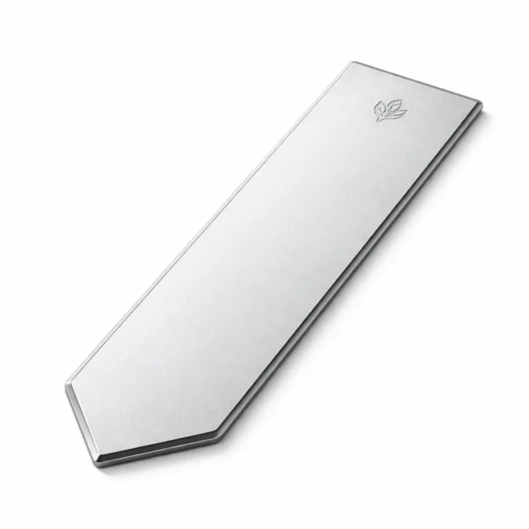 A sleek bookmark tag made from lightweight anodized aluminum, featuring a slim profile with beveled edges and a soft, etched emblem detail for an elegant touch. Designed to be both durable and stylish.