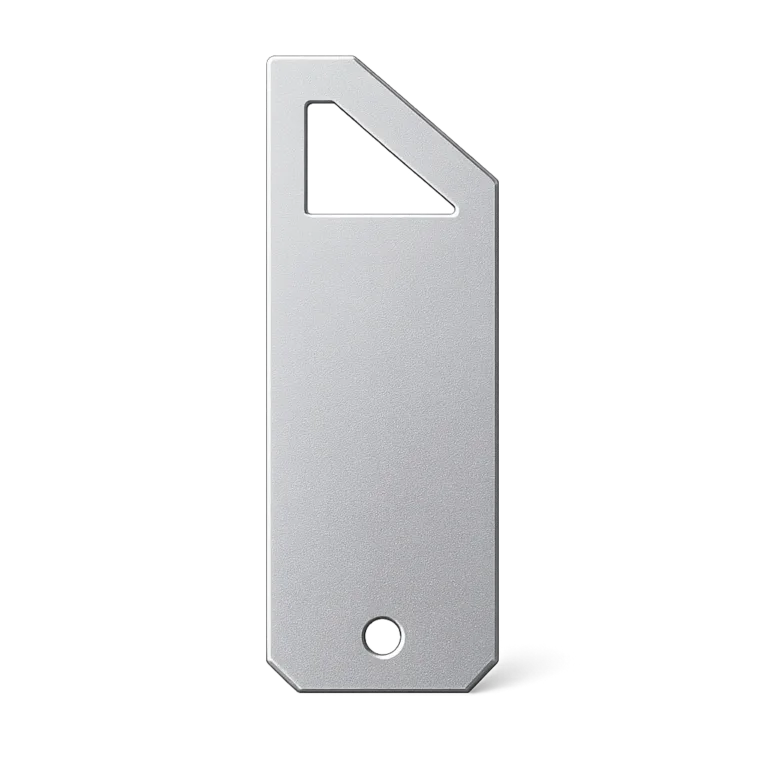 Anodized aluminum bookmark tag with sandblasted matte surface, beveled edge, and single sewing hole, emphasizing lightweight durability. Ideal for laser marking and customized attachment.