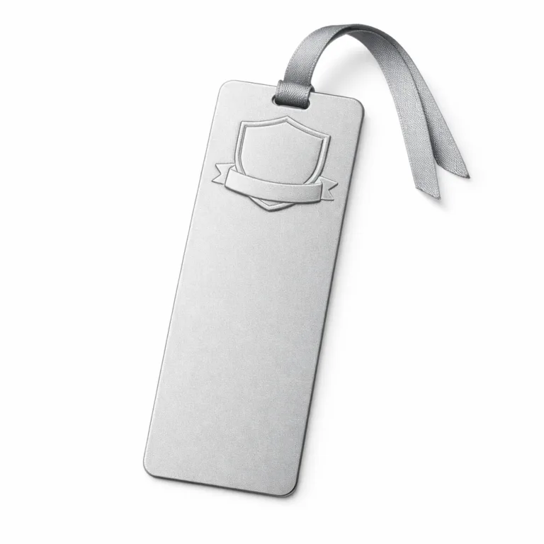 A sleek anodized aluminum bookmark tag with a sandblasted matte surface, rounded corners for gentle handling, and a blank emblem subtly embossed into the metal for a contemporary feel.
