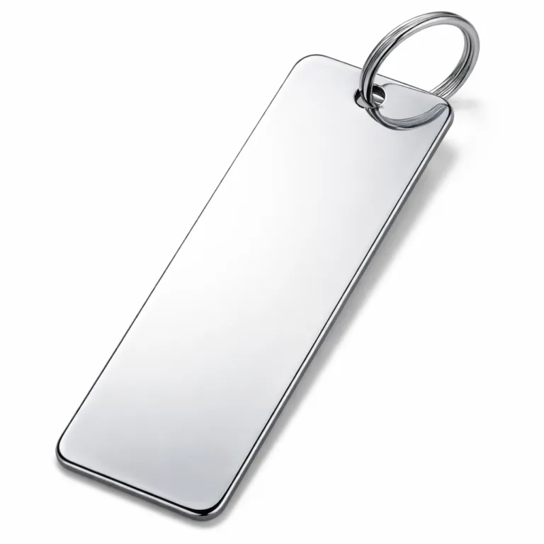 An e-commerce style image showing a rectangular bookmark tag made of mirror polished anodized aluminum, with smoothly rounded corners, a single punched hole, and split ring. The highly reflective surface and clean edges are prominent.